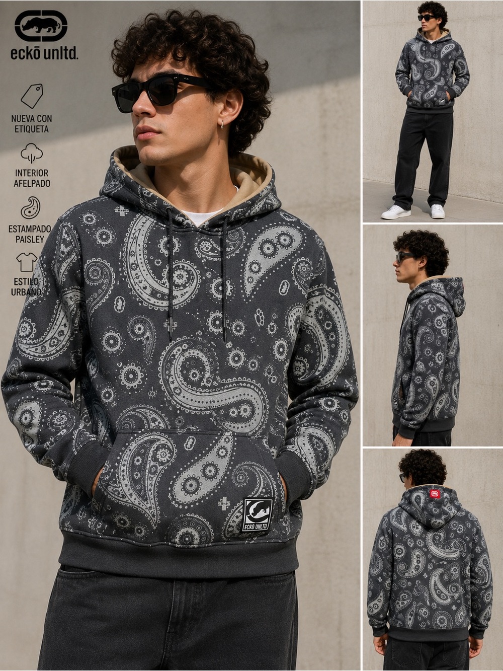 Ecko Unlimited Men’s Black & Gray Paisley Pullover Hoodie